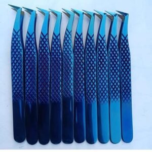premium quality stainless steel eyelash tweezers in blue color 10 Pcs Set