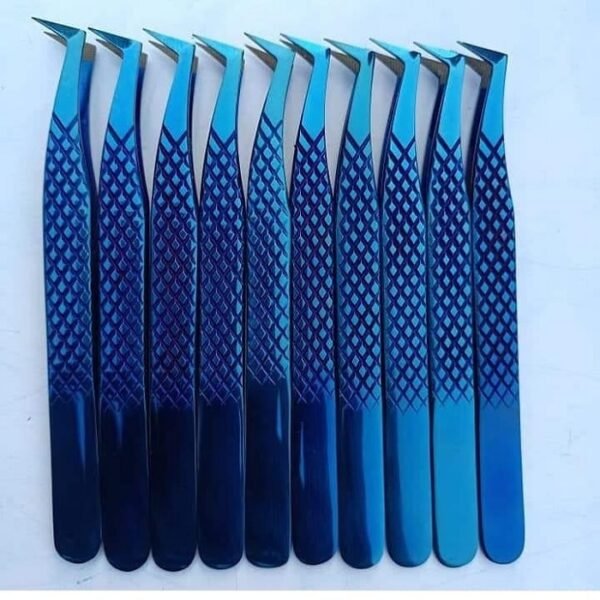 premium quality stainless steel eyelash tweezers in blue color 10 Pcs Set